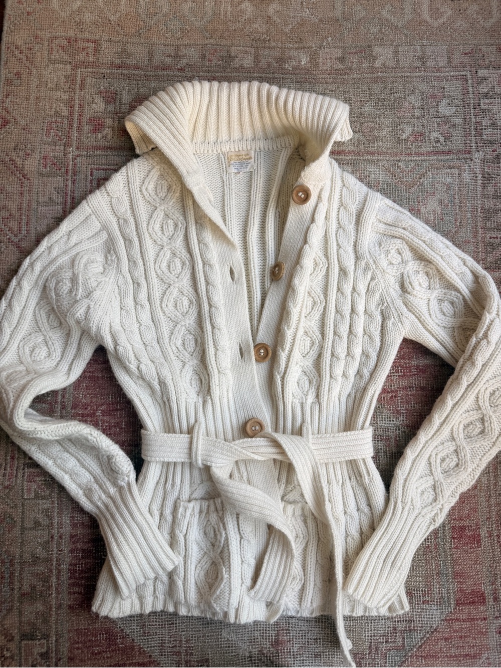 Vintage 70s Ivory Cable-Knit Shawl-Collar Cardigan with Belt fishermen